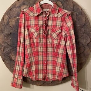 Guess Western Style Plaid Ruffle Shirt